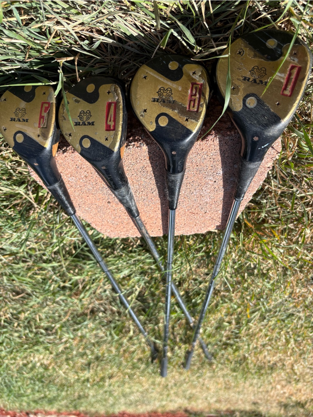 Vintage RAM WOOD GOLF CLUBS -Brown Leather Golf Club Headcovers - 1,3-5